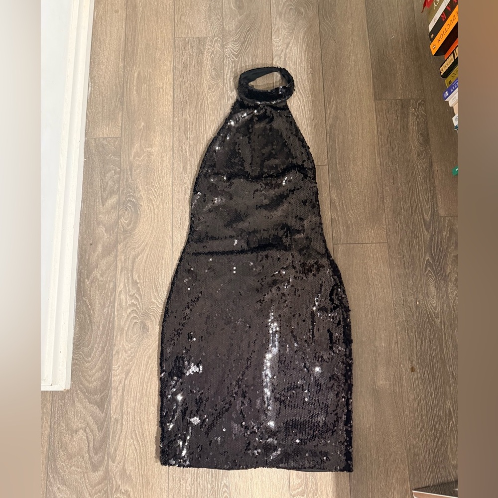 Black Sequin Halter Dress